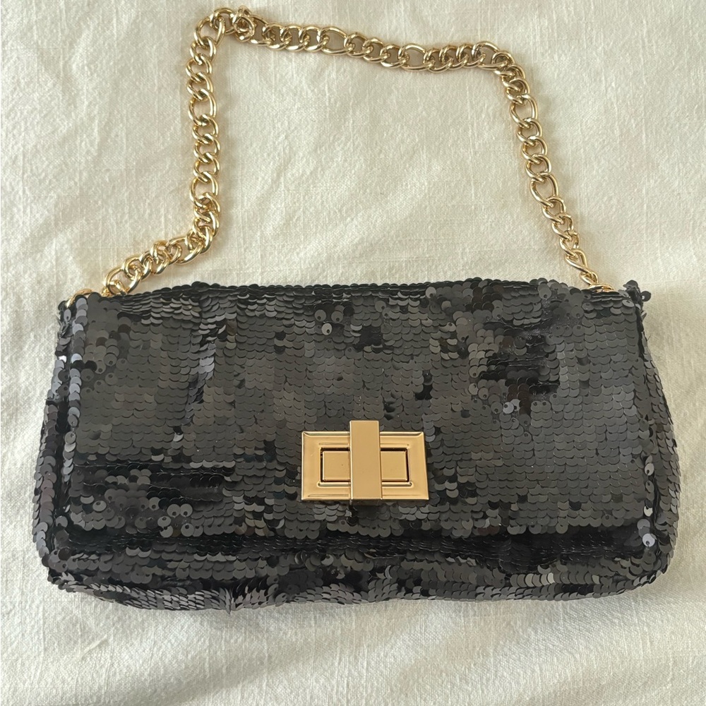 Sequin Black Clutch with Gold Chain